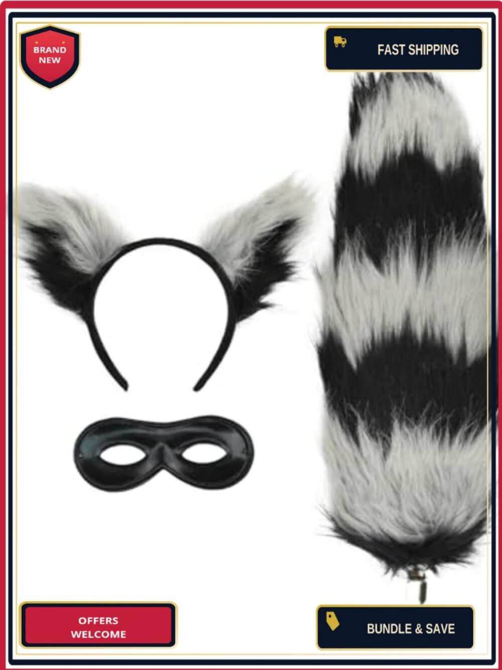 Raccoon Costume Accessory Set Furry Ears Headband Tail Mask Kids Dress-Up
